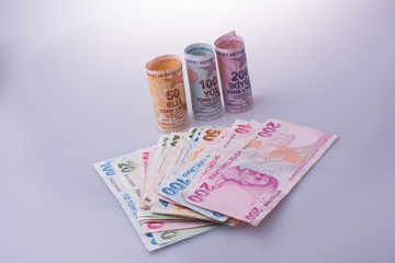 Turksh Lira banknotes of various color, pattern and value