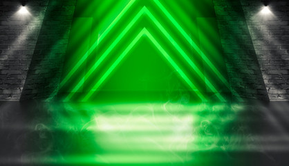 Fototapety  Background of empty dark room with brick walls, illuminated by neon green lights with laser beams, smoke. Background trend color ufo green