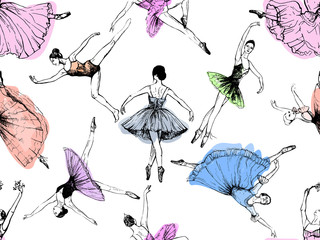Fototapety  Seamless pattern of hand drawn sketch style abstract ballet dancers isolated on white background. Vector illustration.