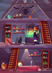 Vector cross section of witch house with cellar and attic. Pretty sorceress with stuff for magic, cat and cauldron. Basement with coffin and bones. Garret with bats, broom. Game background for quest. © vectorpouch