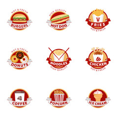 Fast food and BBQ Grill elements, Typographical Design Label or Sticer - burgers, pizza, hot dog, fries. Vector illustration.