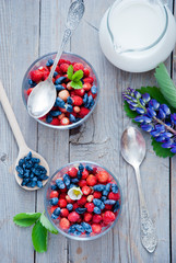 Breakfast with wild strawberries, Blue Honeysuckle Berries and milk © letterberry