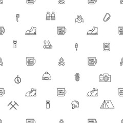 Camping Pattern Design - Outdoors Adventure seamless background with camp symbols and wanderlust elements in line art style. Nice for camping adventure tee, apparel, packaging, prints. Stock vector