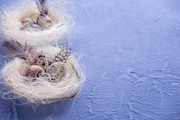 Easter background with quail eggs in a natural fiber nest. Lettering space