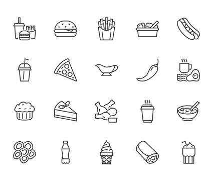 Fast food flat line icons set. Burger, combo lunch, french fries, hot dog, sauce, salad, soup, pizza vector illustrations. Thin signs for restaurant menu. Pixel perfect 64x64. Editable Strokes