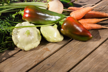 Group of freshly harvested organic vegetables on wooden background. Healthy natural food, copy space. Carrot, pepper, turnip, red beet, pattypan