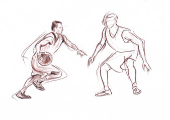 Obraz na płótnie Canvas Sportsmen in basketball - drawn pastel pencil graphic artistic illustration on paper