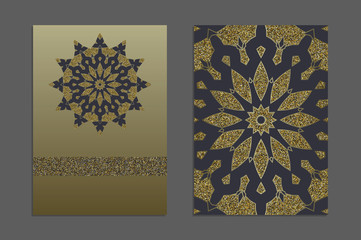 Luxury Templates for greeting and business cards, brochures, covers with gold glitter in ethnic style. Oriental pattern. Mandala. Wedding invitation, save the date, RSVP. Arabic, Islamic, asian motifs