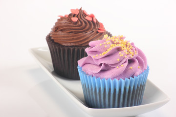 a pair of delicious cupcakes of different flavors on a rectangular plate