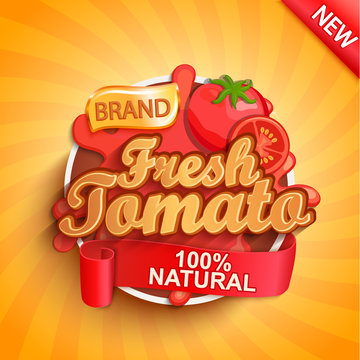 Fresh tomato logo, label or sticker on sunburst background. Natural, organic food, drink or sauce.Concept for farmers market, shops, packing and packages, advertising design.Vector illustration.