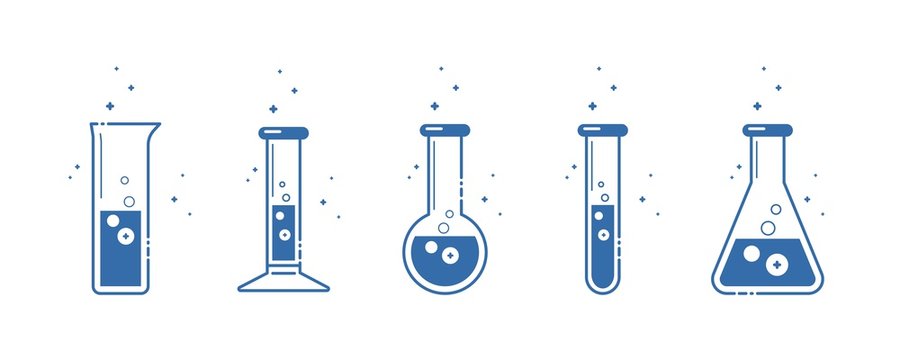A chemical flask. Icons set. Equipment for chemical laboratory. Line design. Vector