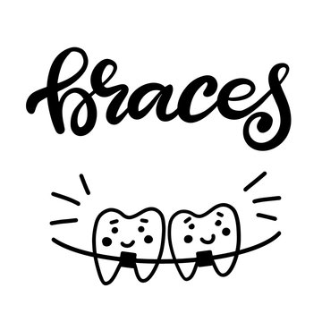 Lettering vector illustration about dental health care with the image of braces on teeth. EPS10. The image of the stages of orthodontic treatment for posters for dental clinic.