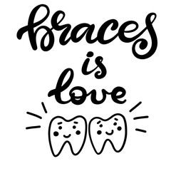 Lettering vector illustration about dental health care with the image of braces on teeth. EPS10. The image of the stages of orthodontic treatment for posters for dental clinic.