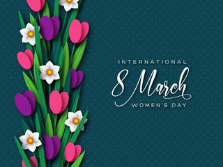March 8 greeting card for International Womans Day. Paper cut tulips and narcissus on dark spotted background. Vector illustration.