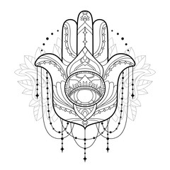 Hamsa icon. Monochrome vector illustration is isolated on a white background. Esoteric protective amulet hand of Fatima. Decorative element with east motives for design