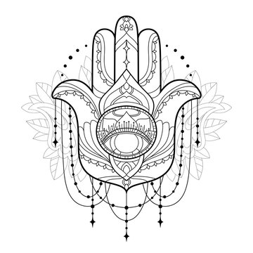 Hamsa icon. Monochrome vector illustration is isolated on a white background. Esoteric protective amulet hand of Fatima. Decorative element with east motives for design