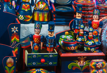 Vintage wooden toys on market. Wooden toys at Christmas Market in Budapest. Traditional Christmas holiday wooden soldier close-up. 