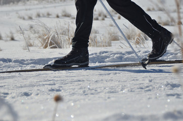 Close up of cross country skis on feet.