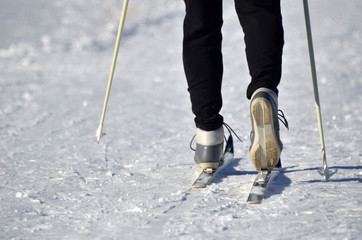 Close up of cross country skis on feet.