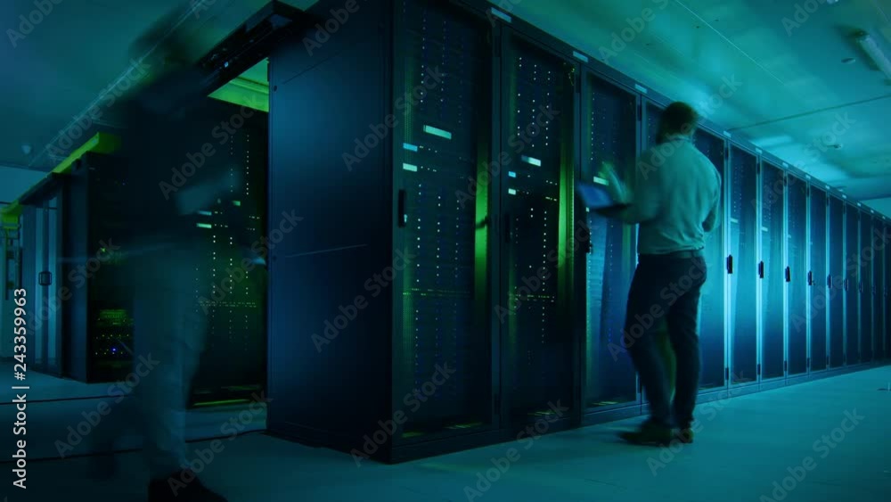 Aufkleber Time Lapse Footage of IT Employees Working in a Data Center Server Room. Technicians and Engineers Running Diagnostics and Maintenance, Inspecting Server Racks.