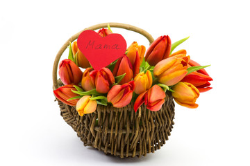 Fototapeta na wymiar tulips and heart in a basket