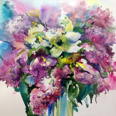 Abstract bright colored decorative background . Floral pattern handmade . Beautiful tender romantic spring bouquet of  flowers , made in the technique of watercolors from nature.