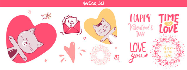 set of decoration, lettering elements for valentine day, vector illustration. cute cat, hearts. Vector collection. romantic brush lettering hand written elements. pink, labels, invitation.love you