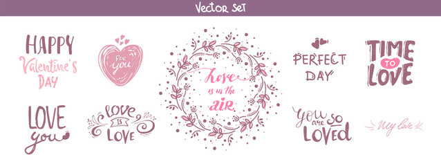 Fototapeta premium set of decoration lettering elements for valentine day, vector illustration. Hand drawn February 14 labels or posters collection. love lettering background. calligraphy phrases. romantic collection.