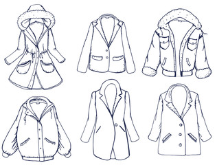 Hand drawn graphic elements set with outerwear: color coat, jacket, blazer. Vector illustration © Дарья Смирнова