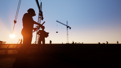 Engineer and construction workers and silhouette cranes 3d rendering