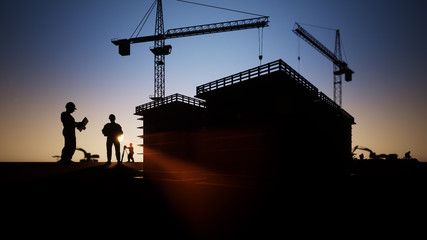Engineer and construction workers and silhouette cranes 3d rendering