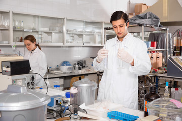 Focused young lab technician working with reagents in test tubes during chemical experiment