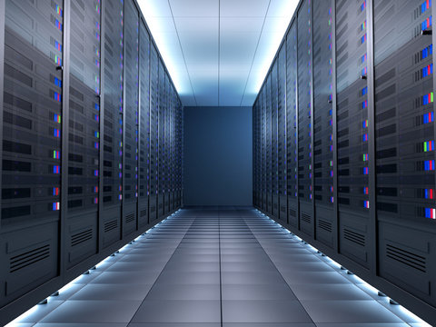 Server room data center network with computers for virtual hosting services. 3D render of design technology.