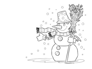 Snowman character linear illustration. Winter hand drawn clipart. Black and white sticker on transparent background. Christmas, New Year decoration. Snowman coloring book isolated 