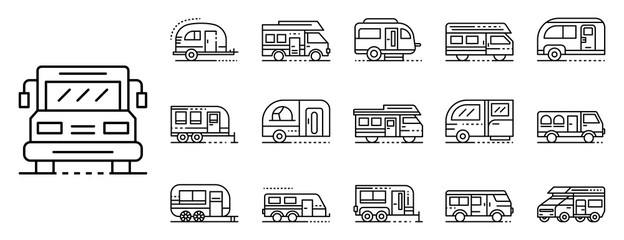 Motorhome icons set. Outline set of motorhome vector icons for web design isolated on white background