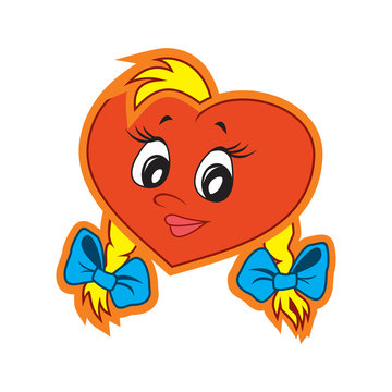 Vector illustration of the character heart girl with two braids. Fiery flame of love in the children's picture of the animation character. 
