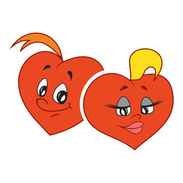 Vector illustration of loving couple of hearts. Fiery flame of love in the children's picture of the animation character.