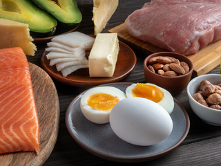 Closeup of Ketogenic diet products on wooden background.
