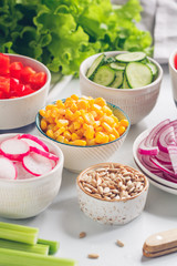 Assortment ingredients for healthy vegetarian salad in different portion bowls on a table. The concept of fitness and vegan food.