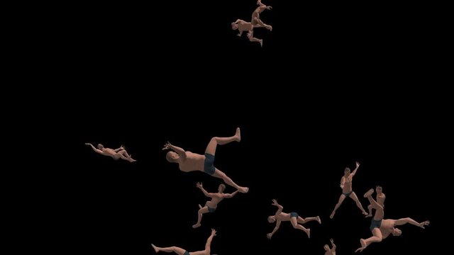 Men Free Fall Down in Alpha Channel