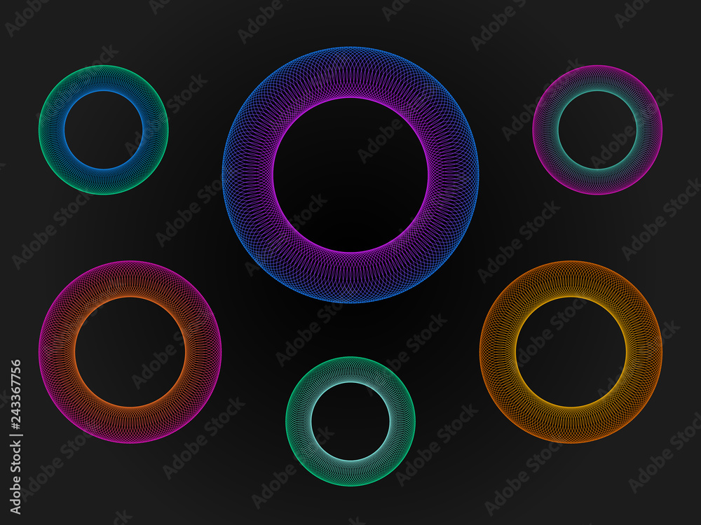 Wall mural 3d circle neon set. big data visualization. abstract gradient ring. futuristic round shapes collecti