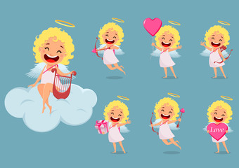 Cupid girl, cute cartoon character, set