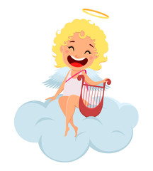 Cupid holds harp and sits on cloud
