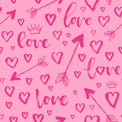 Vector fashion abstract seamless pattern with arrow, hearts on Happy Valentines Day. Cartoon doodle illustration background