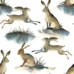 Watercolor illustartion of brown wild hare on white background. Seamles pattern about rabbit on the meadow © Kateryna