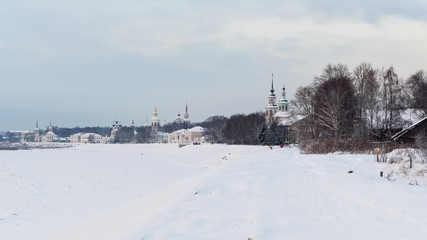 Fototapeta premium Winter view of embankment in Veliky Ustyug