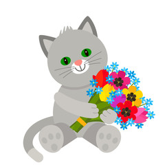 Funny character Teddy Kitten holds in his paws a bouquet of flowers from tulips. The concept of Valentine's Day, wedding, March 8, mother's day. flat vector illustration isolate on white background -