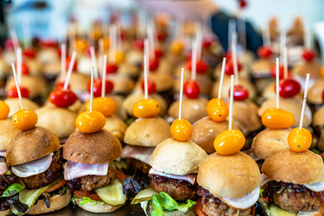 Closeup View of Small Handmade Burgers on the Table with Pickles, Tomatoes, Pork Cutlets and Salads as Ingredients - Kitchen Set, Concept of the Holiday Evening