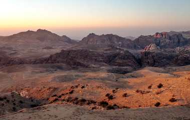 Sunset in the mountains of the Petra desert in Jordan