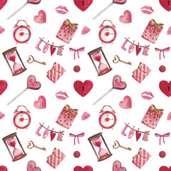 Watercolor seamless pattern for Valentine's day with heart, key, lock, bow, envelope, love, candy, arrow, flower. Suitable for invitations, postcards, fabrics, interior design, packing paper, phone